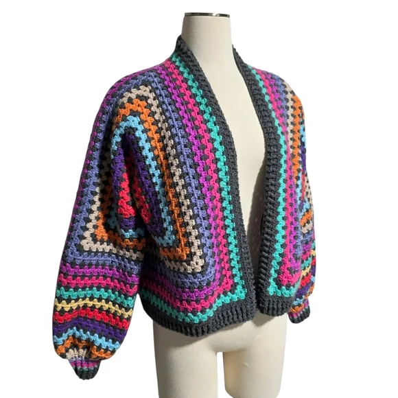 HANDMADE CROCHET OPEN FRONT GRANNY CARDIGAN SWEATER SZ M - Picture 3 of 9